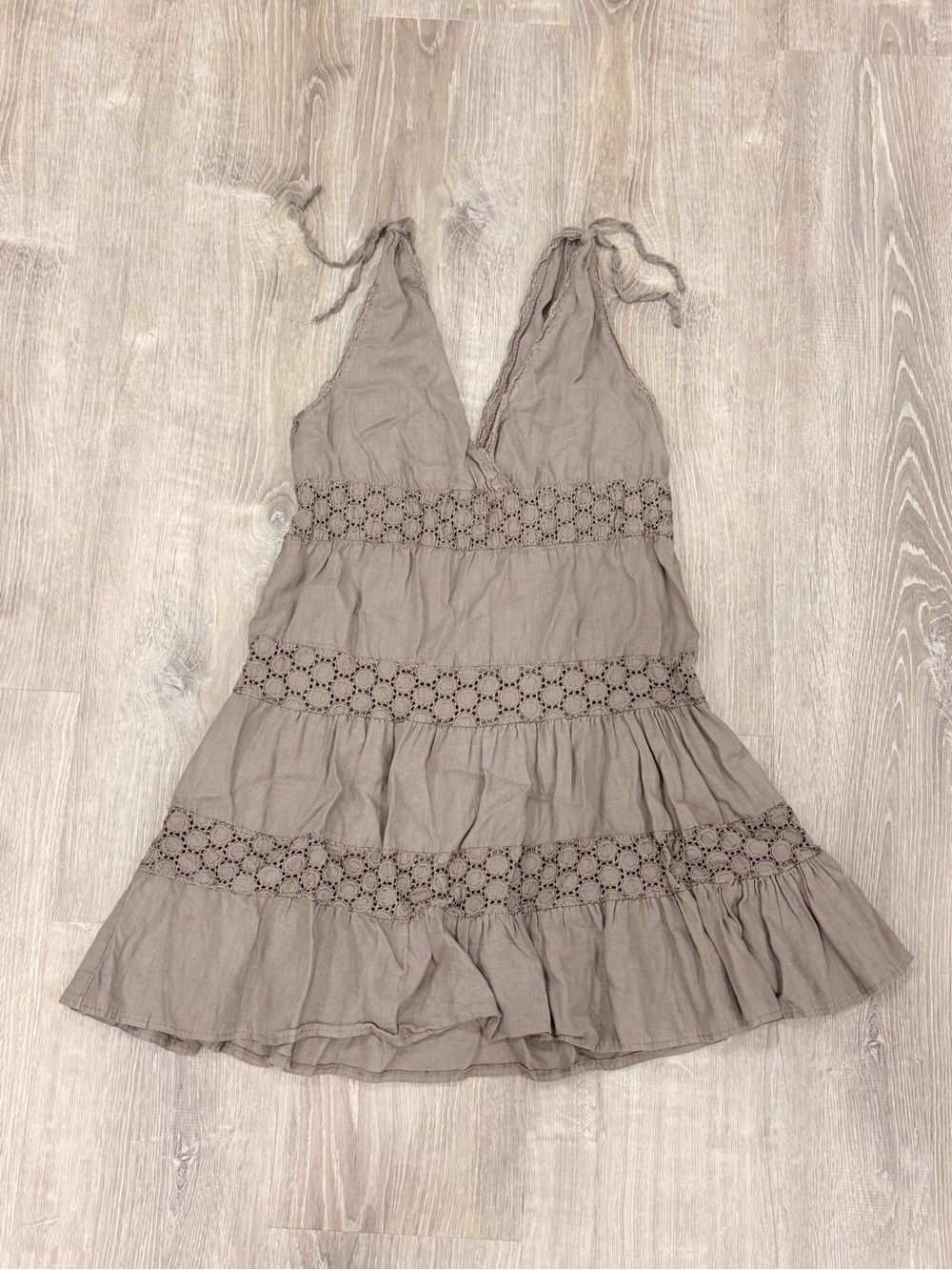 🤎 Made In Italy 100% Linen Crochet Tiered Mini Dress Boho